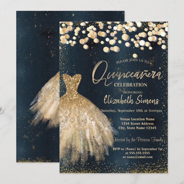 Gold Confetti Dots,Dress Dark Blue Quinceañera  Invitation (Front/Back)