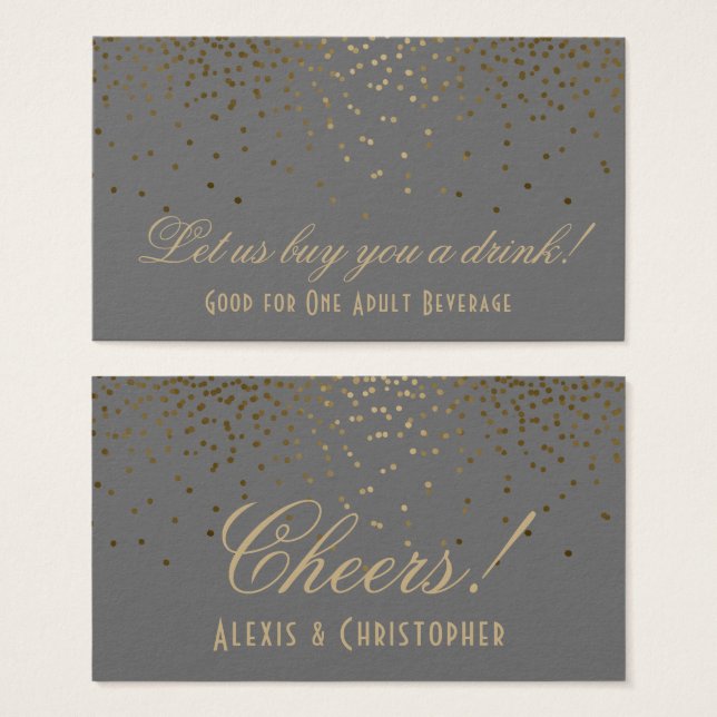 Gold Confetti Dots Gray Wedding Drink Tickets (Front & Back)