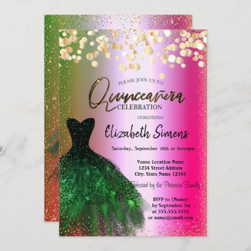 Gold Confetti DotsGreen Dress Ombre Quinceaera  Invitation