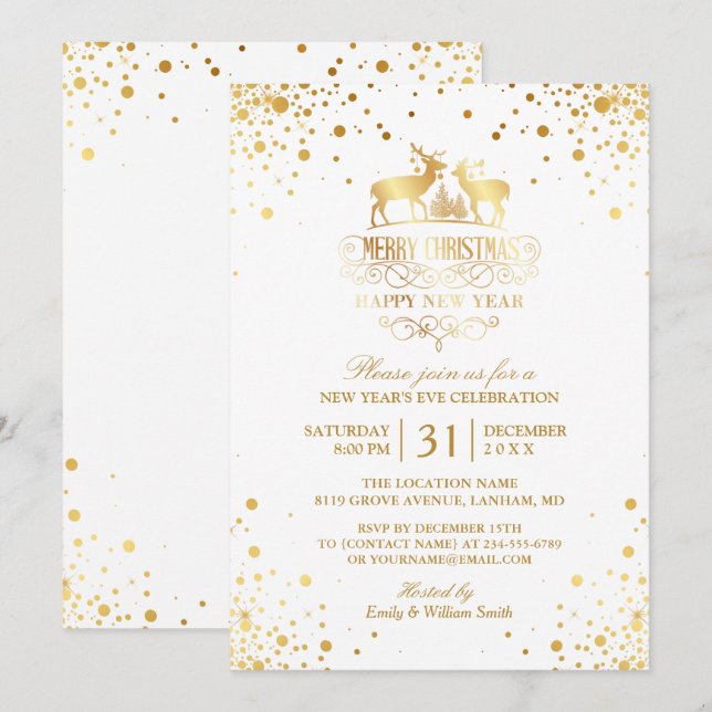 Gold Confetti Dots Happy New Year's Eve Party Invitation (Front/Back)