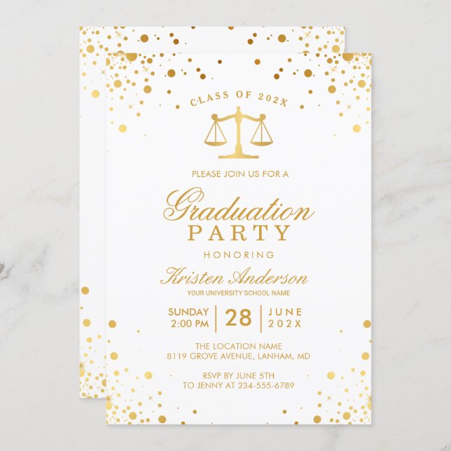 Gold Confetti Dots Law School Graduation Party Invitation (Front/Back)
