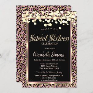 Gold Confetti Dots Leopard Print Sweet 16 Invitation
