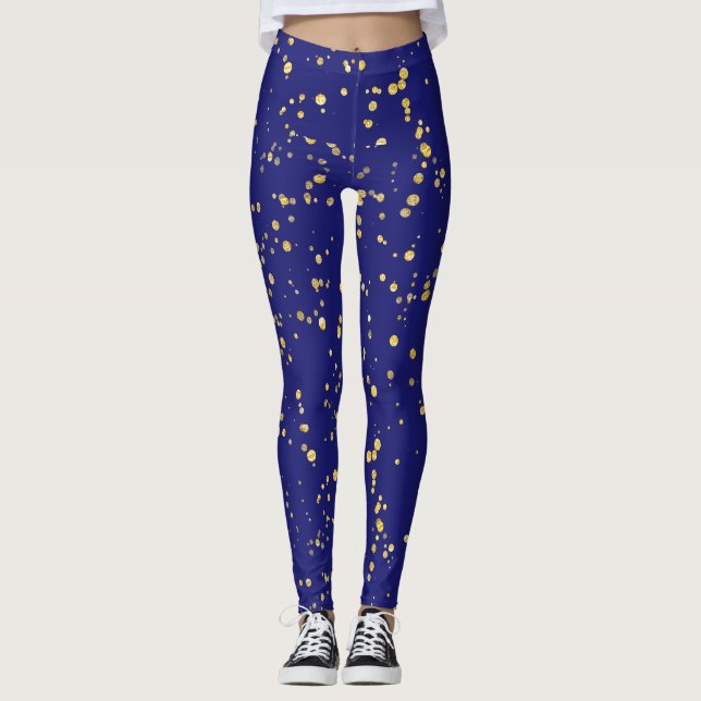 Gold Confetti Dots Midnight Blue  Leggings (Front)