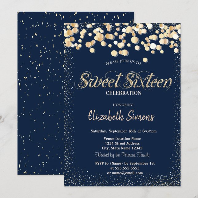Gold Confetti Dots Navy Blue Sweet 16 Invitation (Front/Back)