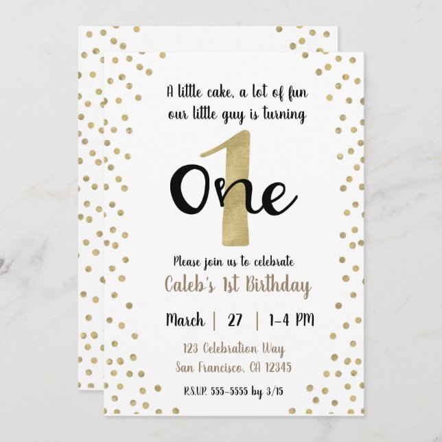 Gold Confetti Dots Number 1 ONE 1st Birthday Party Invitation (Front/Back)