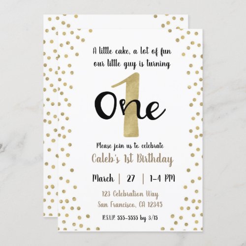 Gold Confetti Dots Number 1 ONE 1st Birthday Party Invitation