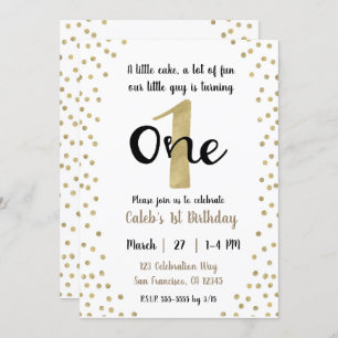 Gold Confetti Dots Number 1 ONE 1st Birthday Party Invitation