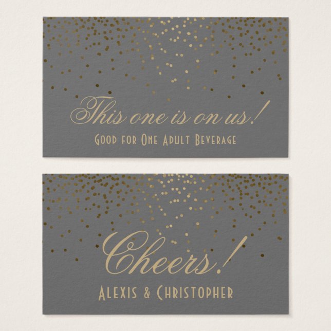 Gold Confetti Dots on Gray Wedding Drink Tickets (Front & Back)