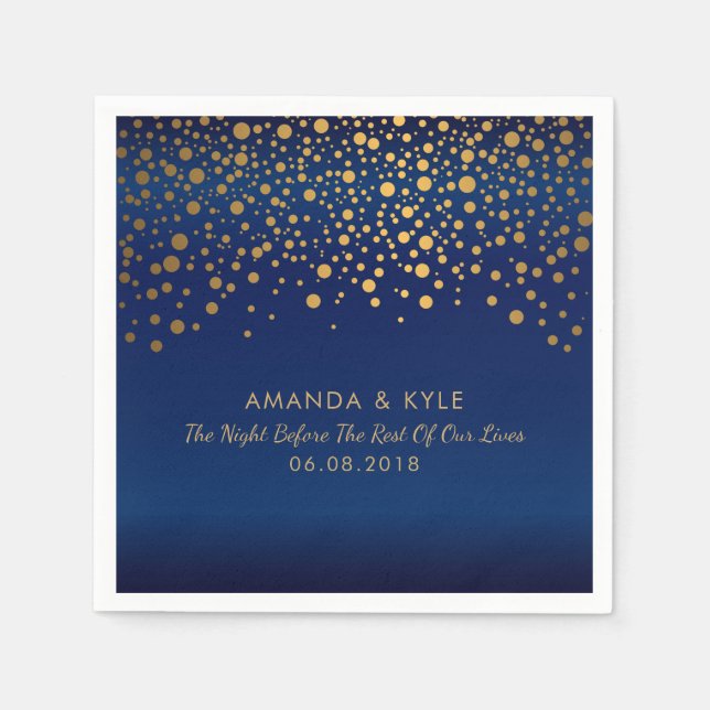 Gold Confetti Dots on Navy Blue Satin Design Napkins (Front)