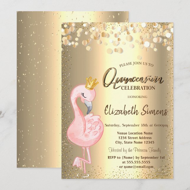 Gold Confetti Dots,Pink Flamingo Crown Quinceañera Invitation (Front/Back)