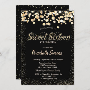 Gold Confetti Dots Princess Black Sweet 16 Invitation