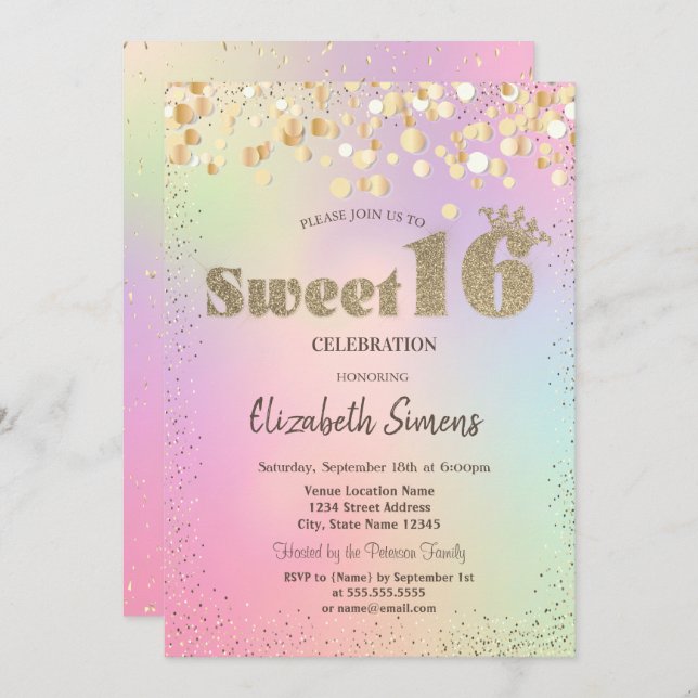 Gold Confetti Dots Princess Holographic Sweet 16 Invitation (Front/Back)