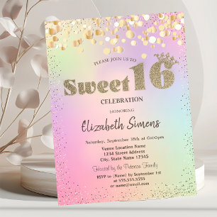 Gold Confetti Dots Princess Holographic Sweet 16 Invitation