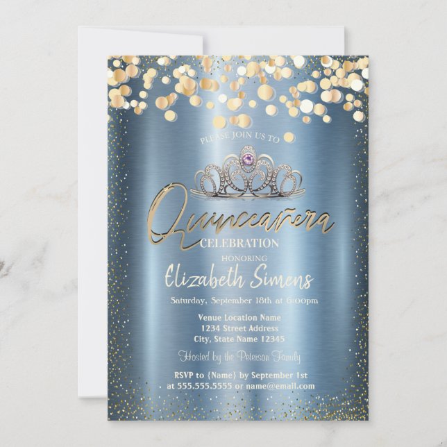 Gold Confetti Dots,Tiara Blue Metallic Quinceañera Invitation (Front)