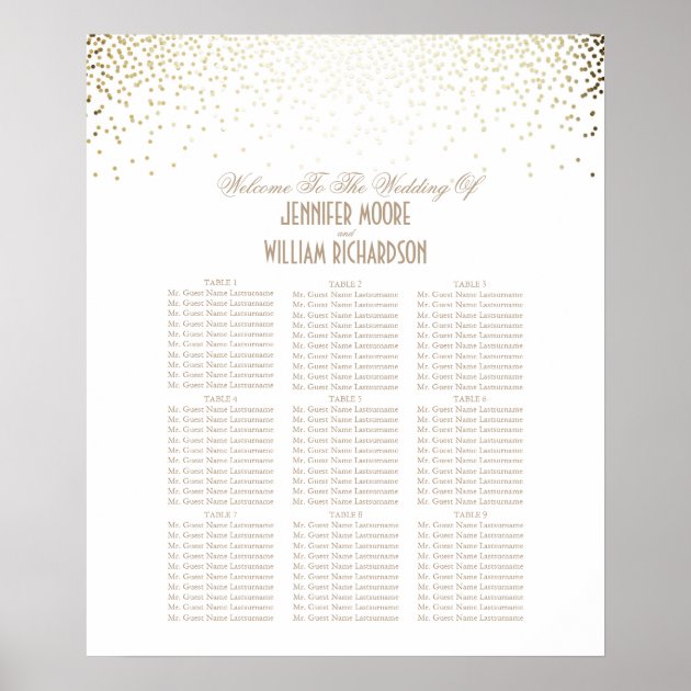Gold Confetti Dots White Wedding Seating Chart Poster