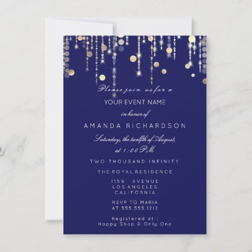 Gold Confetti Drip Birthday Bridal Blue Navy Invitation