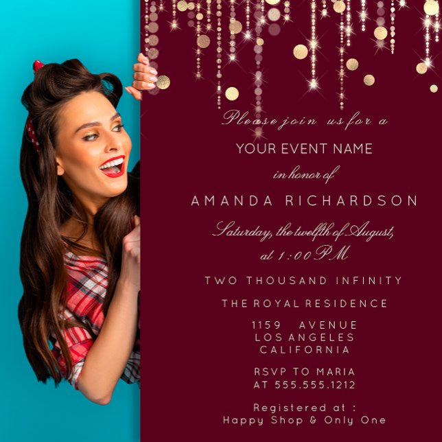 Gold Confetti Drip Birthday Bridal Burgundy Maroon Invitation (Creator Uploaded)