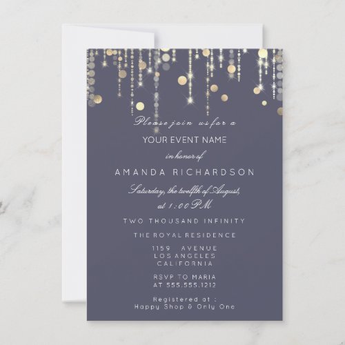 Gold Confetti Drip Birthday Bridal Smoky Gray Invitation