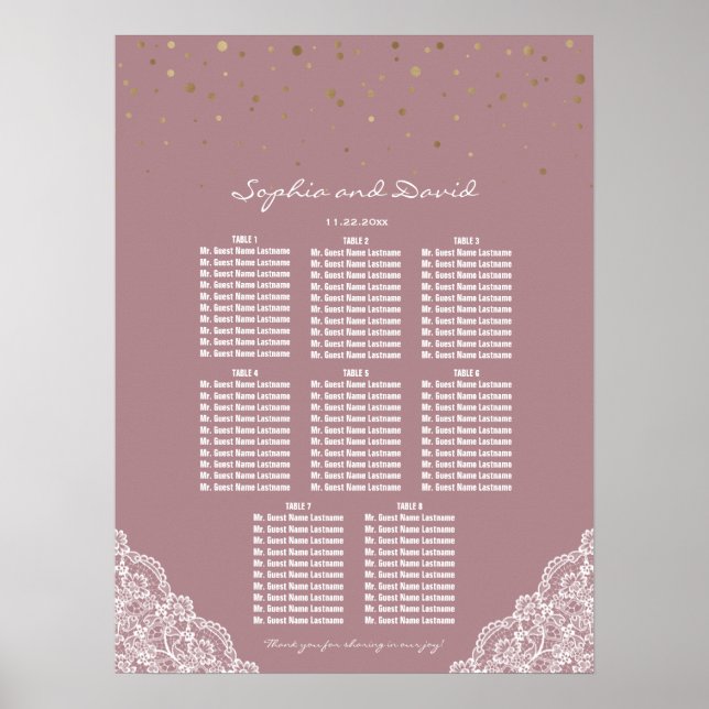 Gold Confetti Dusty Rose Lace Seating Chart (Front)
