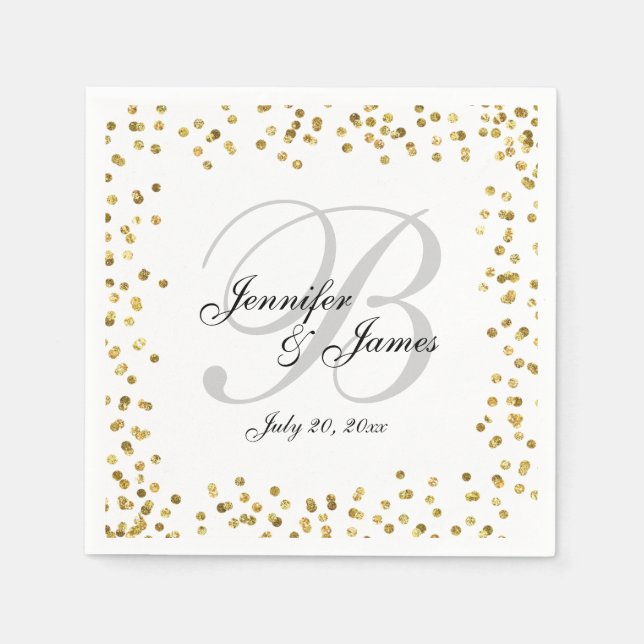 Gold Confetti Elegant Gray Monogram Wedding Paper Napkins (Front)