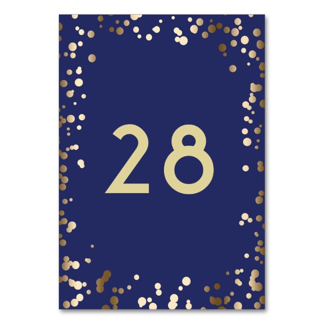 Gold Confetti Elegant Navy Wedding Table Number (Front)