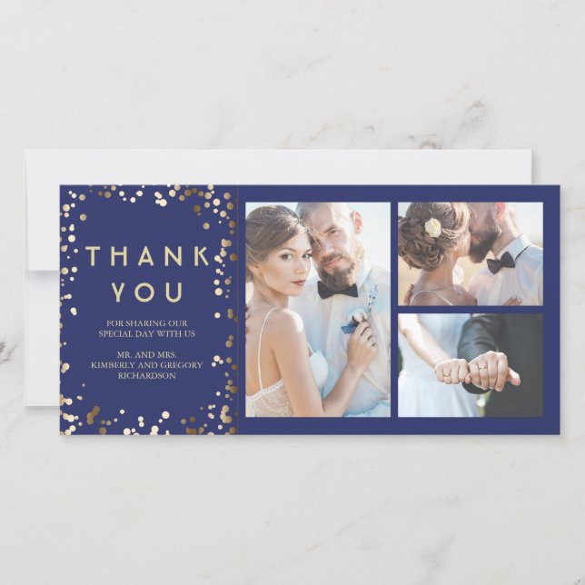 Gold Confetti Elegant Navy Wedding Thank You Card (Front)