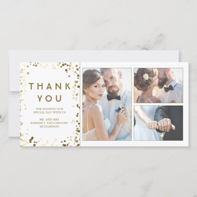 Gold Confetti Elegant White Wedding Thank You (Front)