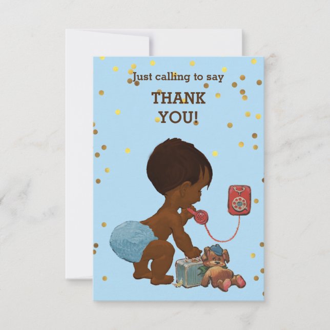 Gold Confetti Ethnic Baby Boy on Phone Thank You (Front)