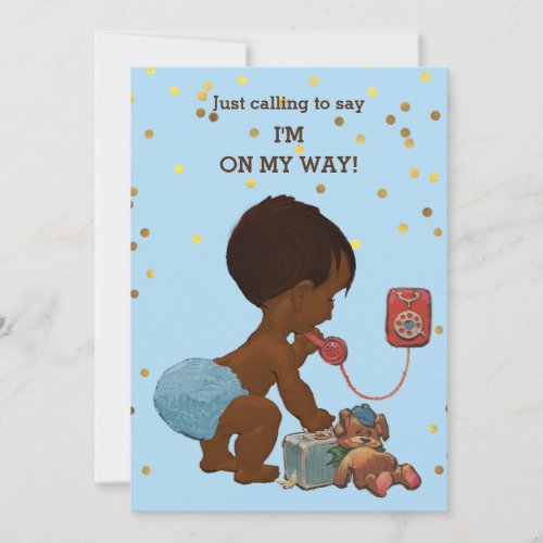 Gold Confetti Ethnic Boy on Phone Baby Shower Invitation