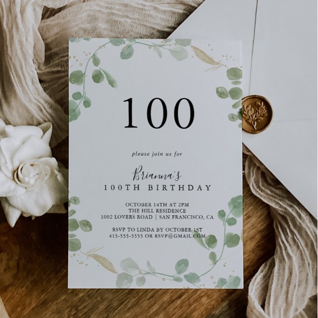 Gold Confetti Eucalyptus 100th Birthday Party Invitation (Creator Uploaded)