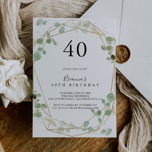 Gold Confetti Eucalyptus 40th Birthday Party  Invitation