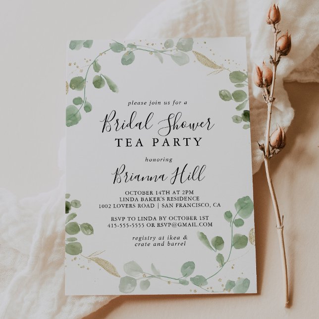 Gold Confetti Eucalyptus Bridal Shower Tea Party Invitation (Creator Uploaded)