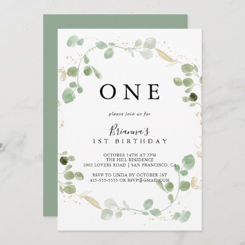 Gold Confetti Eucalyptus First Birthday Party  Invitation