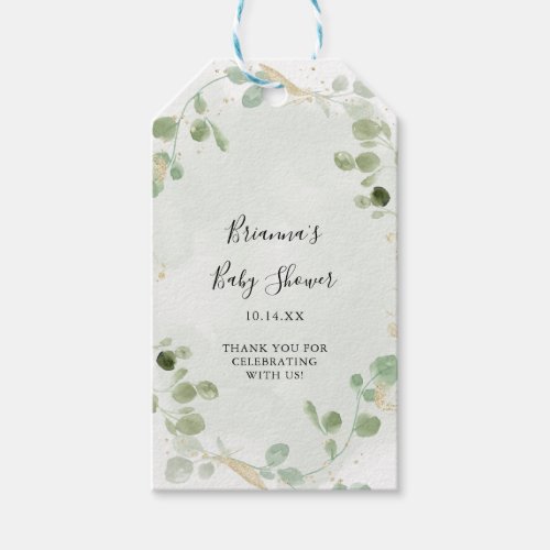 Gold Confetti Eucalyptus Foliage Baby Shower  Gift Tags