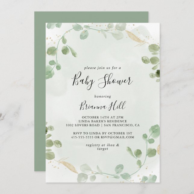 Gold Confetti Eucalyptus Foliage Baby Shower  Invitation (Front/Back)