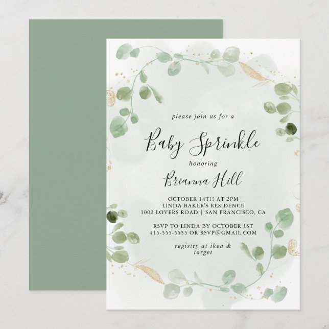 Gold Confetti Eucalyptus Foliage Baby Sprinkle  Invitation (Front/Back)