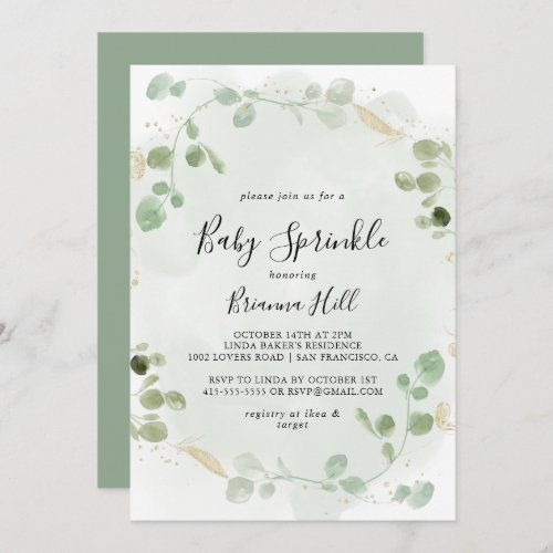 Gold Confetti Eucalyptus Foliage Baby Sprinkle  Invitation