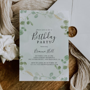 Gold Confetti Eucalyptus Foliage Birthday Party Invitation