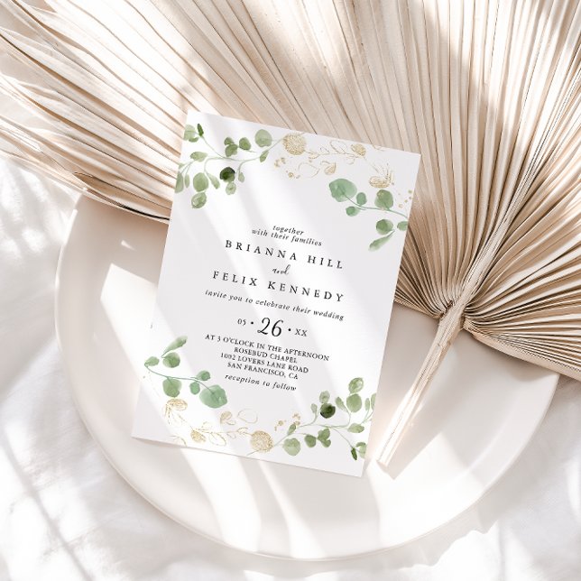 Gold Confetti Eucalyptus Foliage Casual Wedding Invitation (Creator Uploaded)