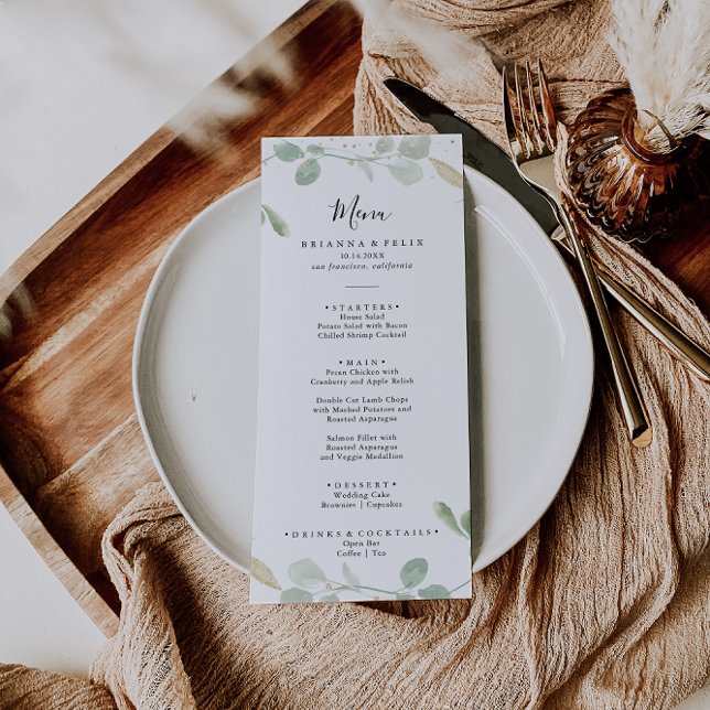 Gold Confetti Eucalyptus Foliage Dinner Menu (Creator Uploaded)