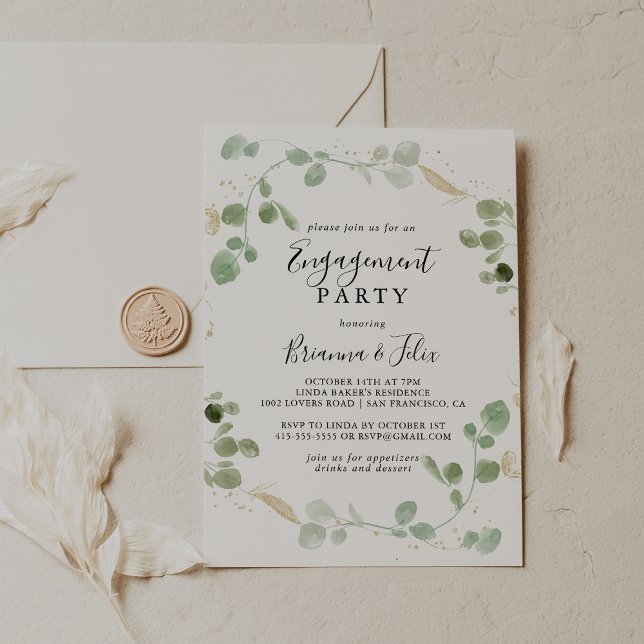 Gold Confetti Eucalyptus Foliage Engagement Party  Invitation (Creator Uploaded)
