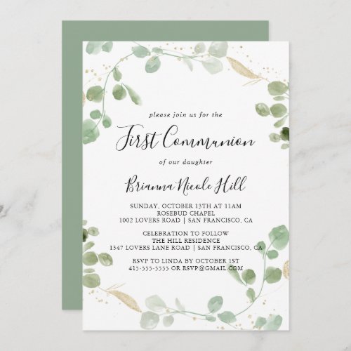 Gold Confetti Eucalyptus Foliage First Communion  Invitation