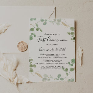 Gold Confetti Eucalyptus Foliage First Communion Invitation