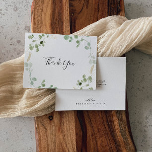 Gold Confetti Eucalyptus Foliage Flat Wedding Thank You Card
