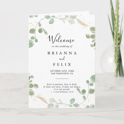 Gold Confetti Eucalyptus Foliage Folded Wedding Program