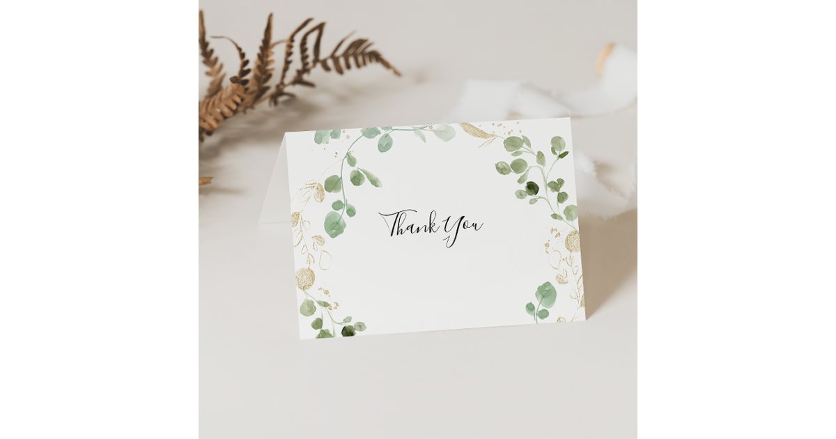 Gold Confetti Eucalyptus Foliage Folded Wedding Thank You Card | Zazzle
