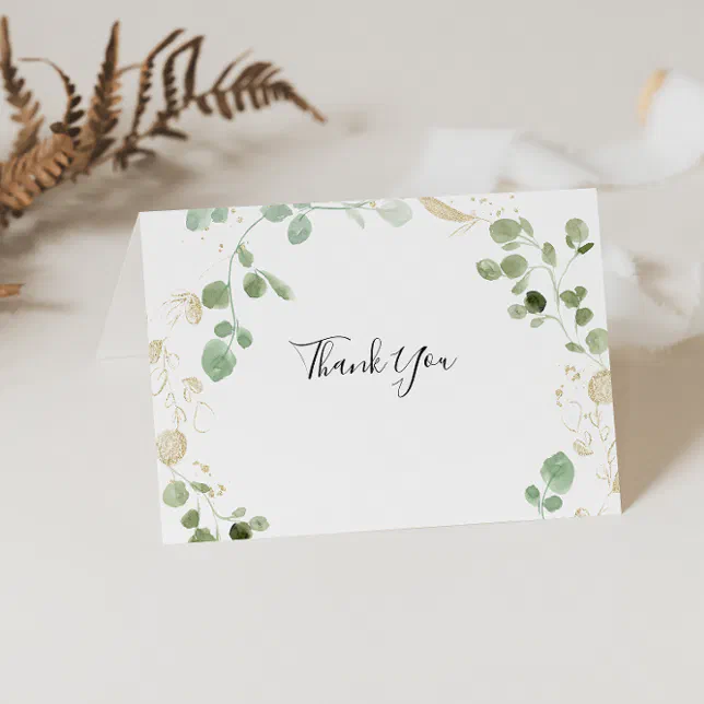 Gold Confetti Eucalyptus Foliage Folded Wedding Thank You Card | Zazzle