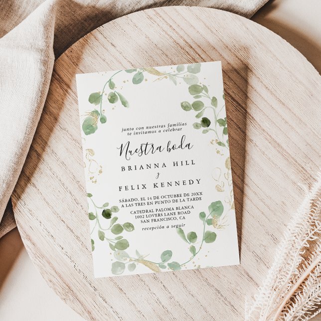 Gold Confetti Eucalyptus Foliage Nuestra Boda  Invitation (Creator Uploaded)