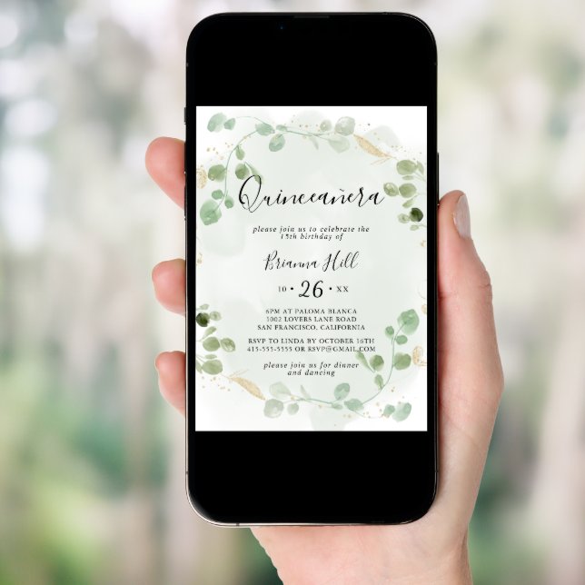 Gold Confetti Eucalyptus Foliage Quinceañera Invitation (Front Digital)