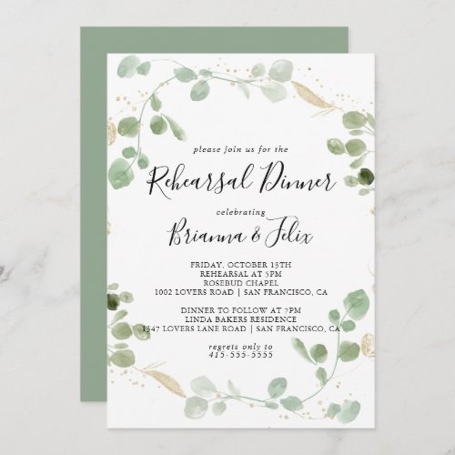 Gold Confetti Eucalyptus Foliage Rehearsal Dinner  Invitation